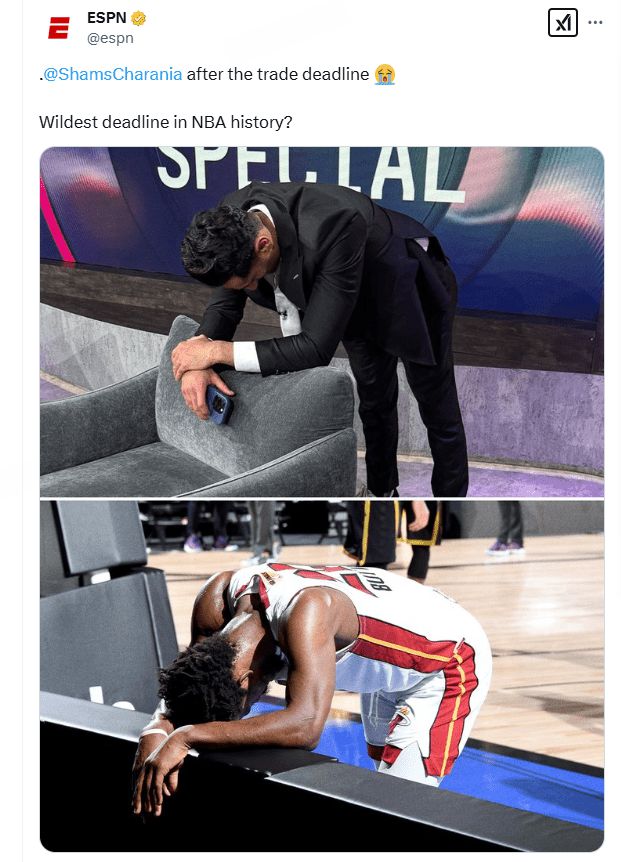 交易截止日后，ESPN将Shams收工时的状态，与总决赛累瘫的巴特勒对比
